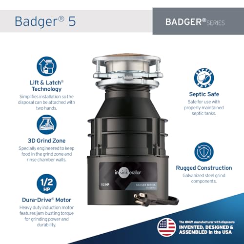 InSinkErator Badger 5 Garbage Disposal with Power Cord, Standard Series 1/2 HP Continuous Feed Food Waste Disposer, Badger 5 W/C, No Size, Black/Gray - Image 3