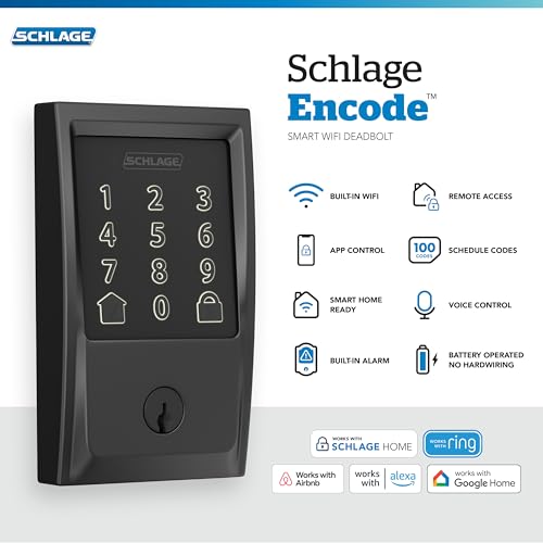 Schlage Encode Smart Wi-Fi Deadbolt Lock with Touchscreen Keypad, Keyless Front Door Entry, App Control, Alexa, Google Home and Airbnb Compatible, Matte Black, BE489WB CEN 622 - Image 3