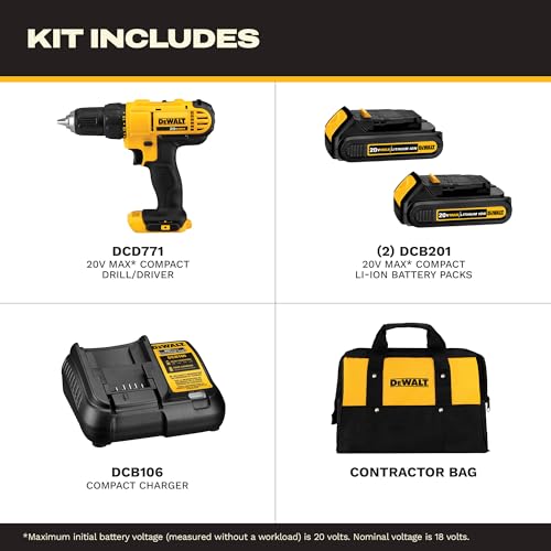 DEWALT 20V Max Cordless Drill Driver Set, 2 Speed, High Performance Motor, Includes 2 XR 1.3Ah Li-Ion Batteries, Charger and Contractor Bag (DCD771C2) - Image 3