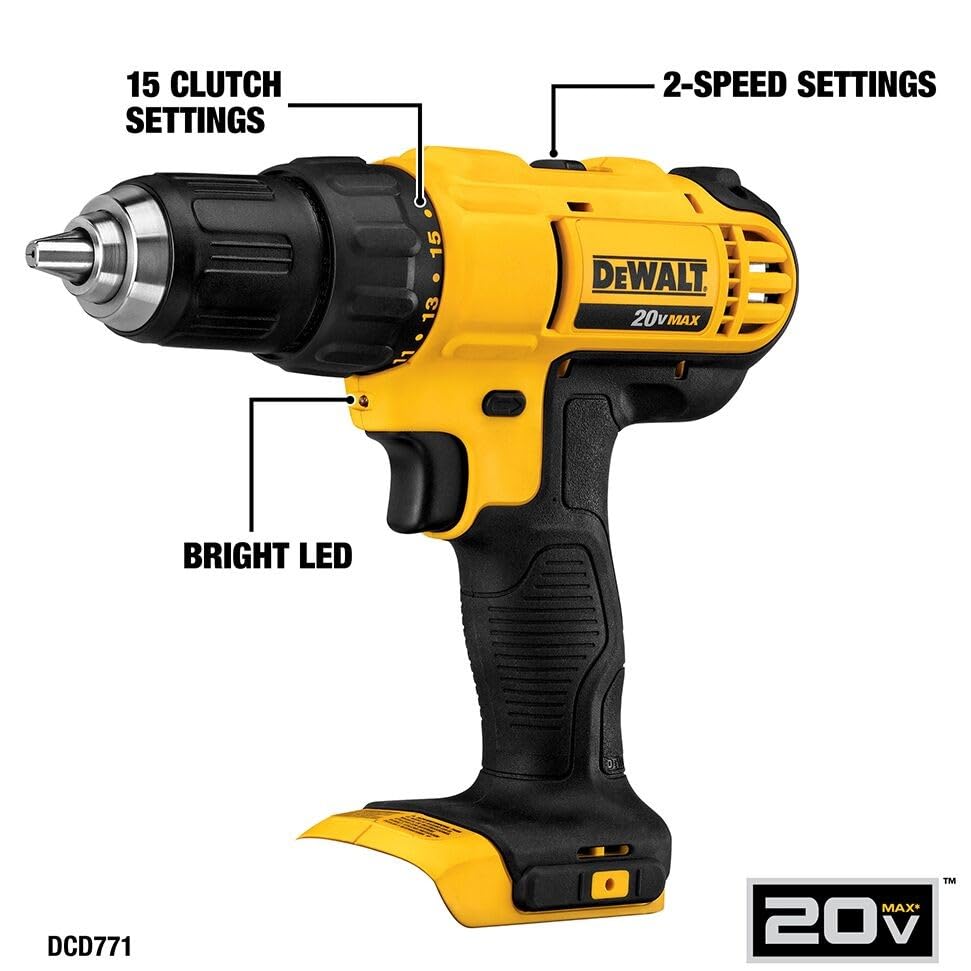 DEWALT 20V Max Cordless Drill Driver Set, 2 Speed, High Performance Motor, Includes 2 XR 1.3Ah Li-Ion Batteries, Charger and Contractor Bag (DCD771C2) - Image 4
