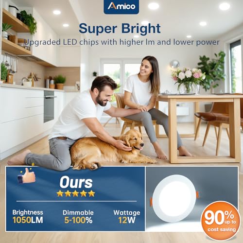 Amico 24 Pack 6 Inch 5CCT Ultra-Thin LED Recessed Ceiling Light with Junction Box, 1050LM Brightness, Dimmable Canless Wafer Downlight, 12W, ETL&FCC - Image 6