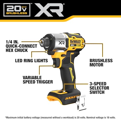 DEWALT 20V MAX XR Impact Driver, 1/4 Inch High Torque Brushless 3 Speed Premium Cordless with LED Light, Extended Runtime, Tool Only (DCF845B) - Image 3