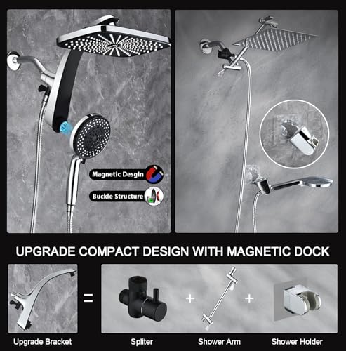 High Pressure Rain Shower Head: Upgrade Shower Heads with Handheld Spray Combo with Fixed Showerhead and 10 Sprays Handheld Shower Head, Detachable Shower head Built-in Magnetic Docking and Power Jets - Image 6