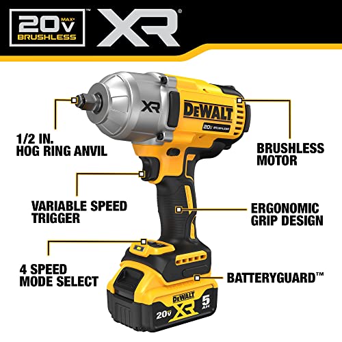 DEWALT 20V MAX Cordless Impact Wrench with Hog Ring Anvil, Brushless High Torque 1/2 Impact Gun, 4-Mode Speed, Includes Battery, Charger and Kit Bag (DCF900P1) - Image 4