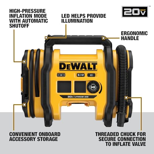 DEWALT Tire Inflator Portable Air Compressor 20V MAX, Car Air Pump with Automatic Shut Off, LED Light, Tool Only (DCC020IB) - Image 3