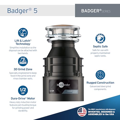 InSinkErator Badger 5 Garbage Disposal, Standard Series 1/2 HP Continuous Feed Food Waste Disposer, Black, Set of 1 - Image 3