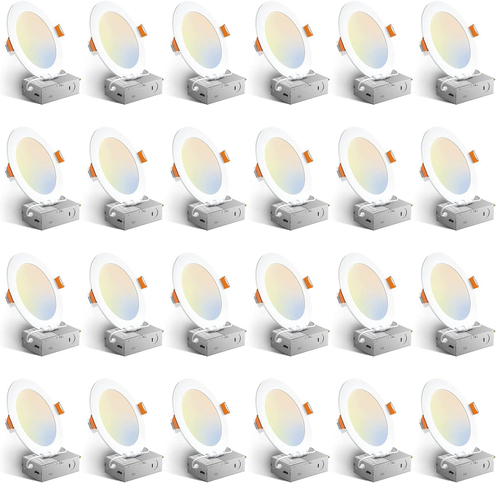 Amico 24 Pack 6 Inch 5CCT Ultra-Thin LED Recessed Ceiling Light with Junction Box, 1050LM Brightness, Dimmable Canless Wafer Downlight, 12W, ETL&FCC - Image 1