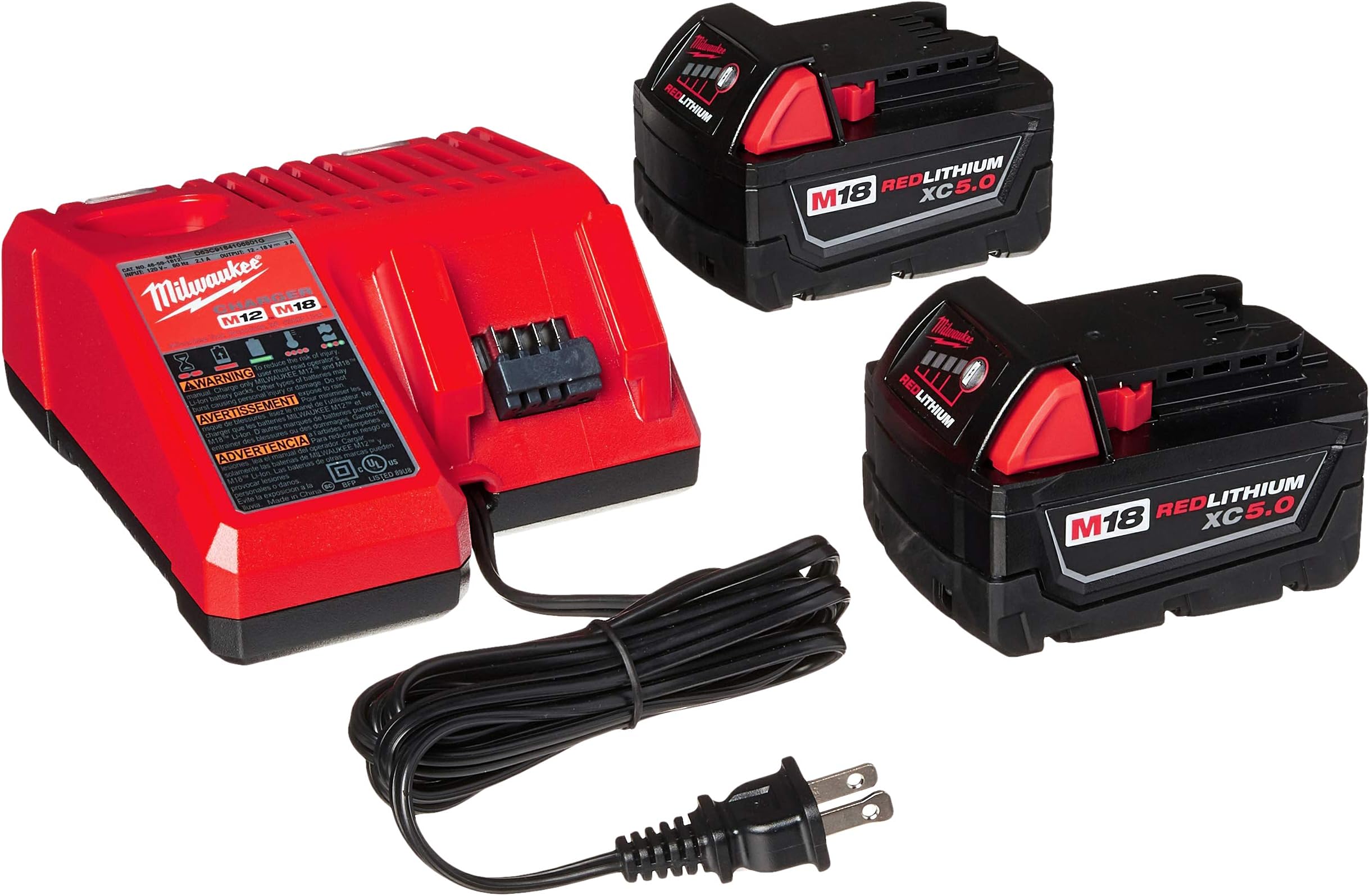 Milwaukee 48-59-1850 M18 RED LITHIUM XC 5.0 Ah Batteries (2) + 48-59-1812 M12 and M18 Multi Voltage Charger kit - Image 1